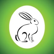 Line drawing of a rabbit in a white oval on green, for no animal testing