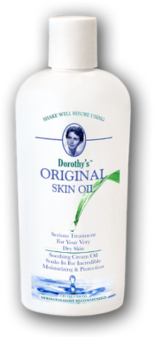 8 oz bottle of Dorothy's Original Skin Oil, with Dorothy's portrait and a green leaf on the label